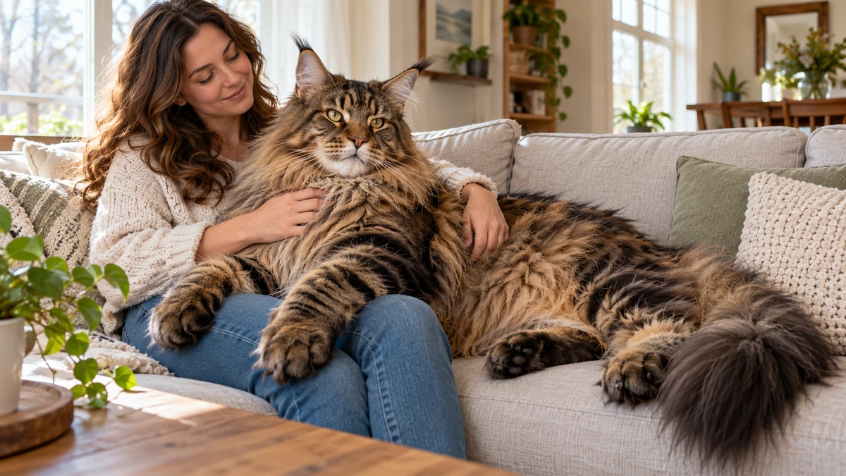 Maine Coon kedi — sahibinin kucağında