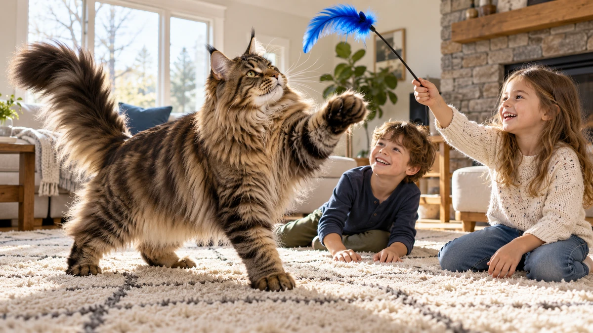 Maine Coon kedi — çocuklarla oyun