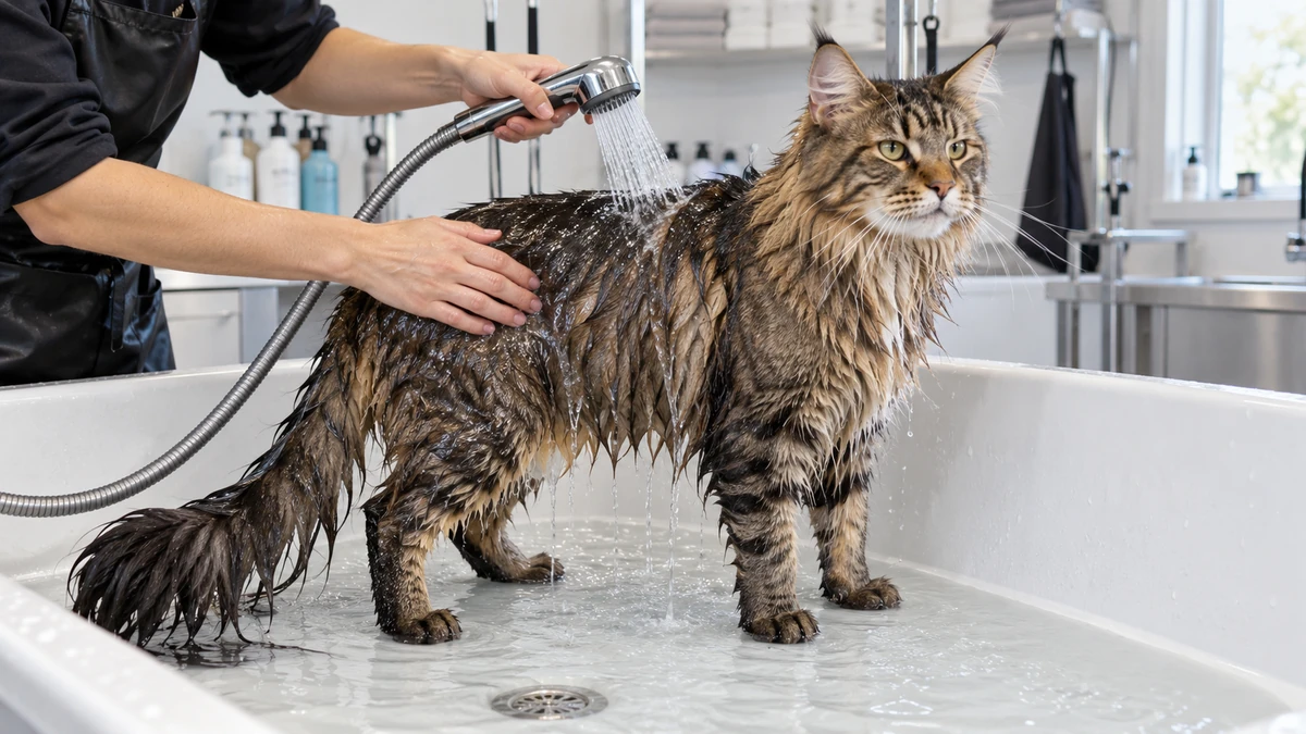 Maine Coon kedi — banyo ve temizlik